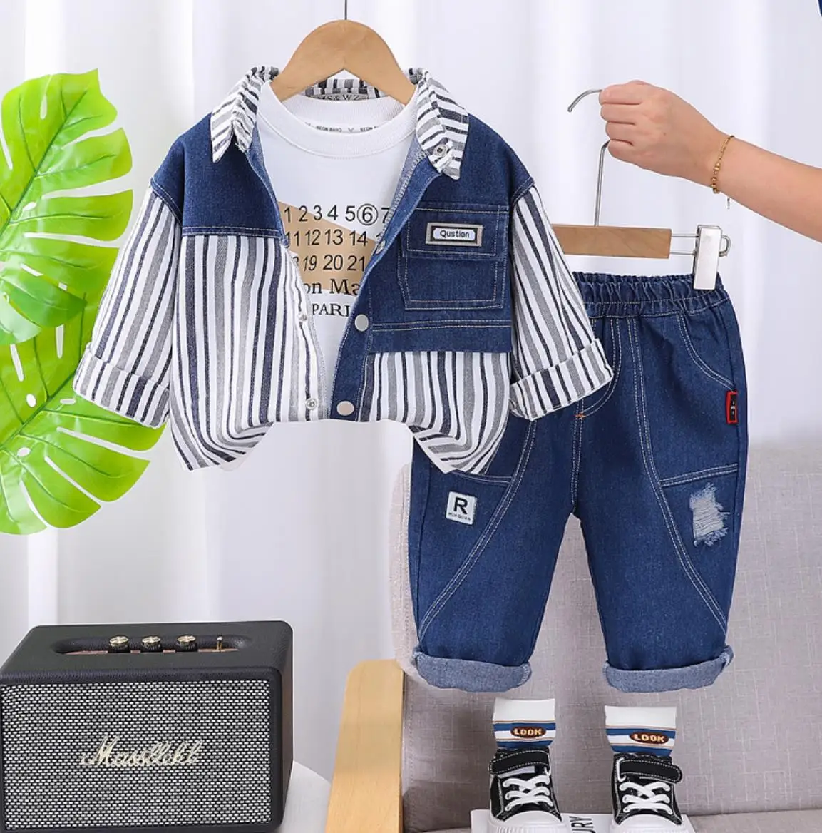 

Boys Autumn Tracksuits Korean Style Children Clothing Denim Stripes Cardigan Jackets Shirts Pants Kids Toddler Outfits Sets