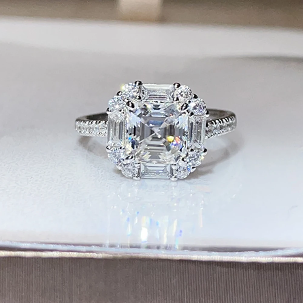 

Кольца Serenity 2ct Asscher D с муассанитом для женщин и мужчин, подарок, сверкающие квадратные обручальные кольца с лабораторными бриллиантами, однотонные ювелирные изделия из серебра S925