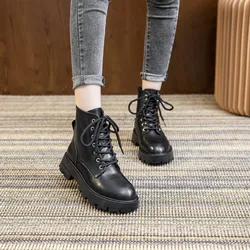 AIYUQI Women's Ankle Boots Genuine Leather Winter Lace-up Motorcycle Boots Ladies British Style Women's Booties