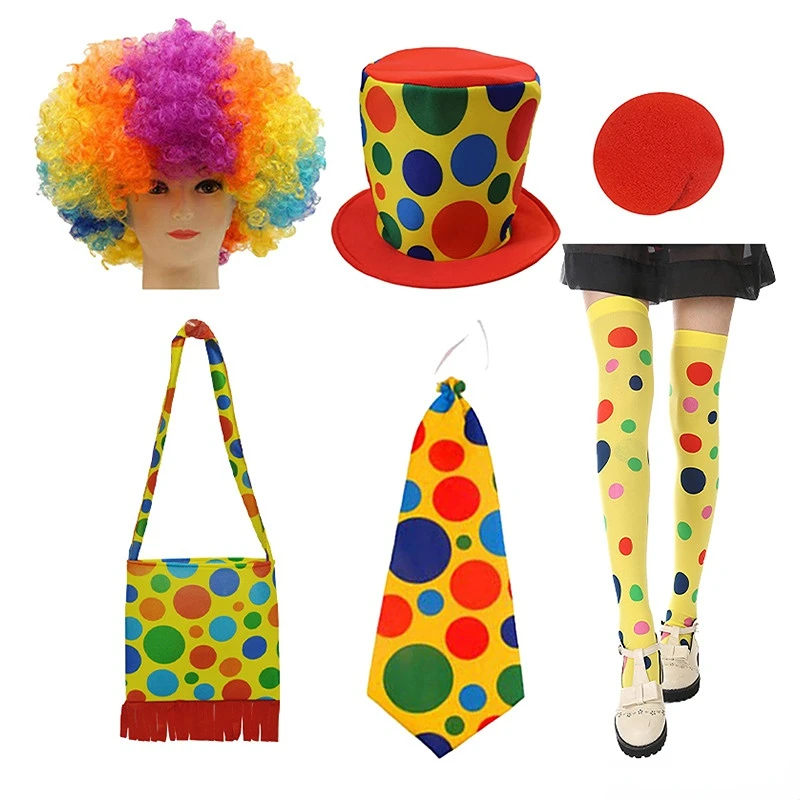 Clown Costume -  Nose Wig Bow Tie Shoes Headband Gloves Hat Stockings and Vest Dress Up Cosplay Props Accessories