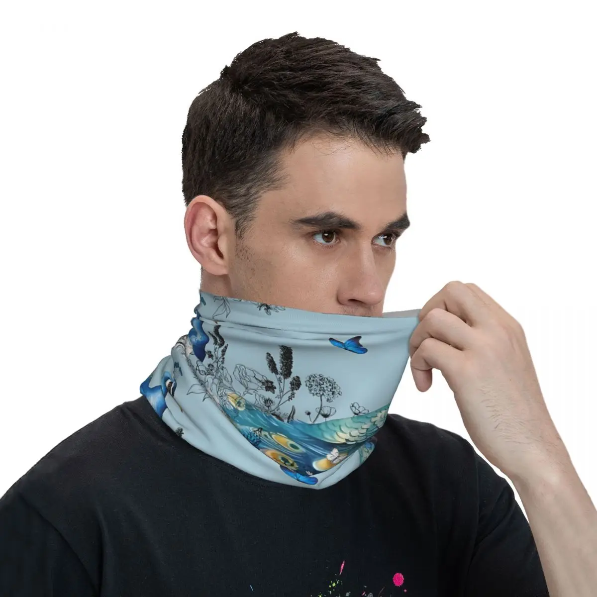 Beautiful Blue Peacock Scarf Neckerchief Neck Face Mask Polyester