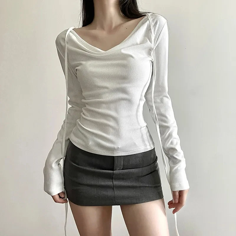 

Elegant Swing Neck Long Sleeve Tee Slim Fashion Classic Simple White Top Street Casual Tie Black Harajuku Pullover