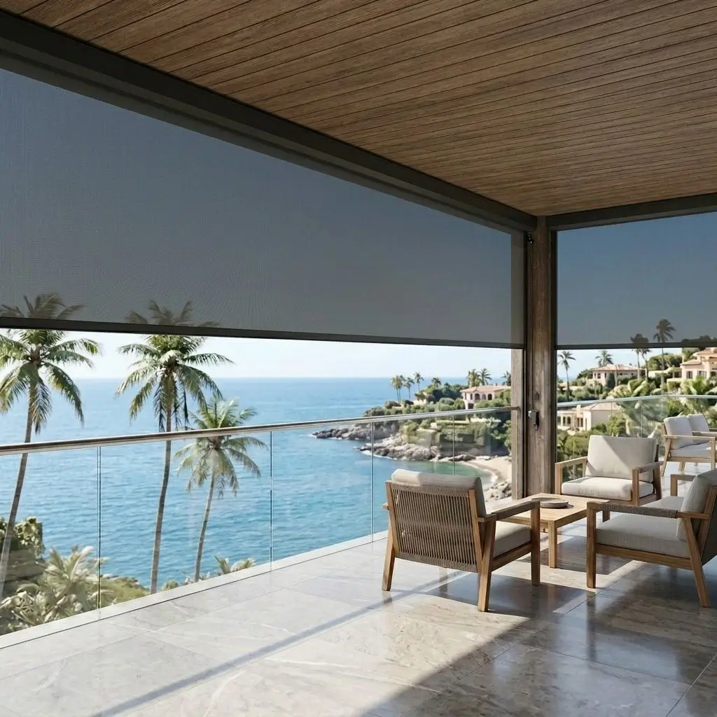 Windproof Zip Motorized Blinds. Outdoor PVC roller shade. Electric sun shading for terrace. Waterproof & UV resistant. Remote in