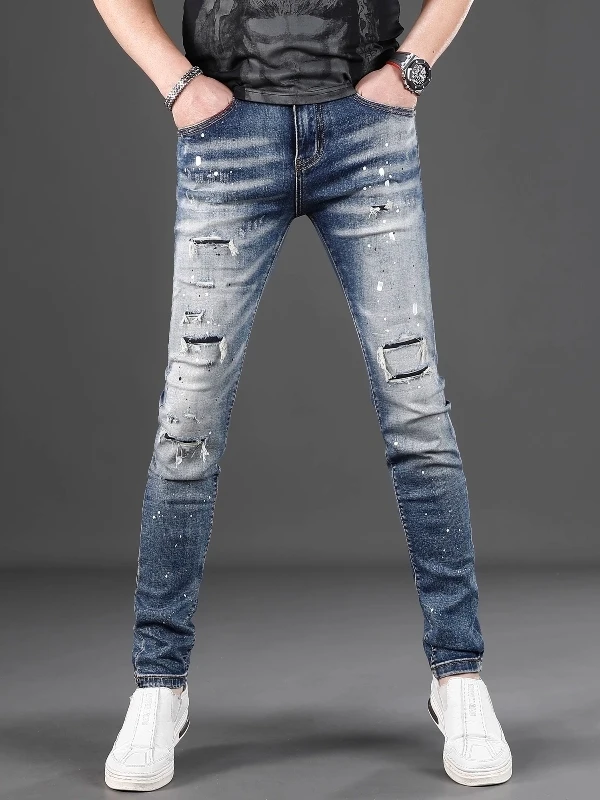 

Мужские повседневные джинсы Slim Fit, летние, модные, эластичные, износостойкие, длинные брюки с эффектом потертости и брызгами чернил