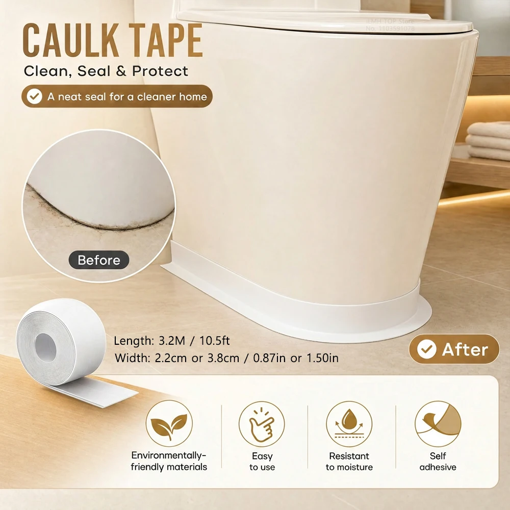 Aoifn Self Adhesive Caulk Tape, Waterproof Sealing Strip, Flexible Bathroom Bathtub Gap Cover, Kitchen Sink Edge Protector Tape