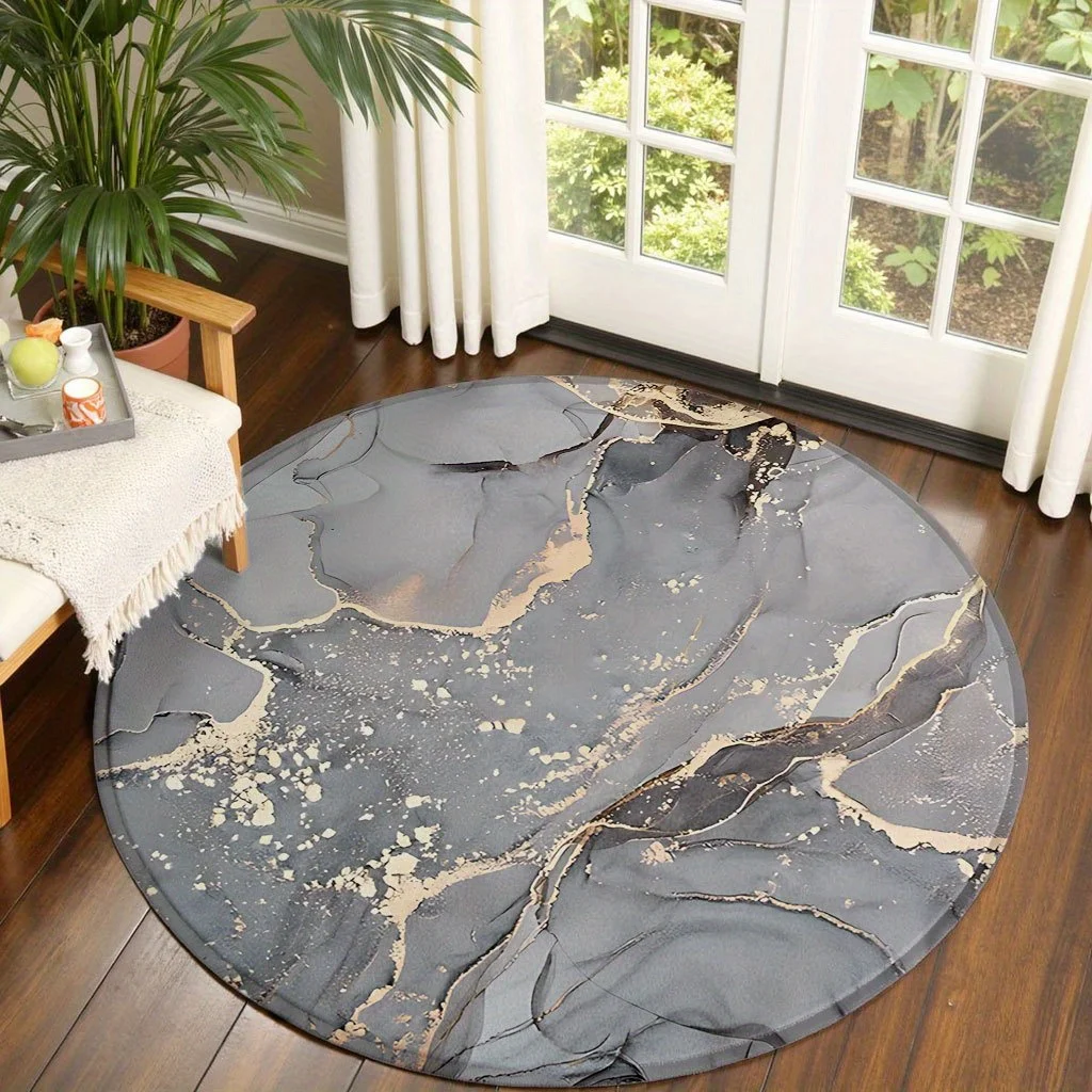 Modern Sketch Ring Pattern Circular Area Rug Simple Black Background White Outline Round Doormat Anti Slip Bedroom Floor Rug