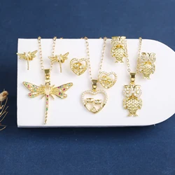 High Quality Gold Plated Animal Dragonfly Butterfly Owl Jewelry Set Necklace Earrings for Women Party Zirconia Jewelry Gift