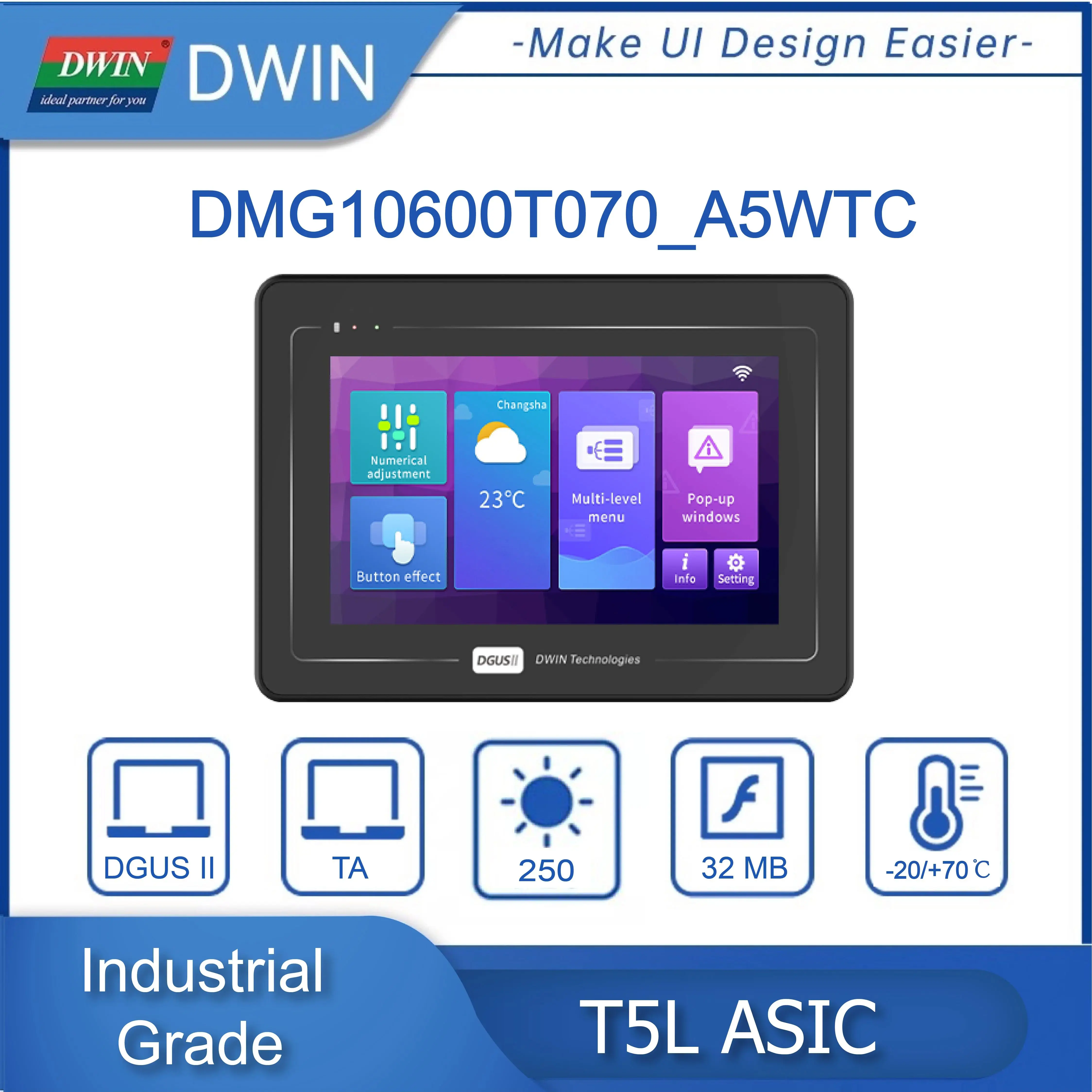 

DWIN 7 Inch 1024*600 Pixels Resolution 16.7M Colors IPS-TFT-LCD Best Selling Touch Display DMG10600T070_A5W