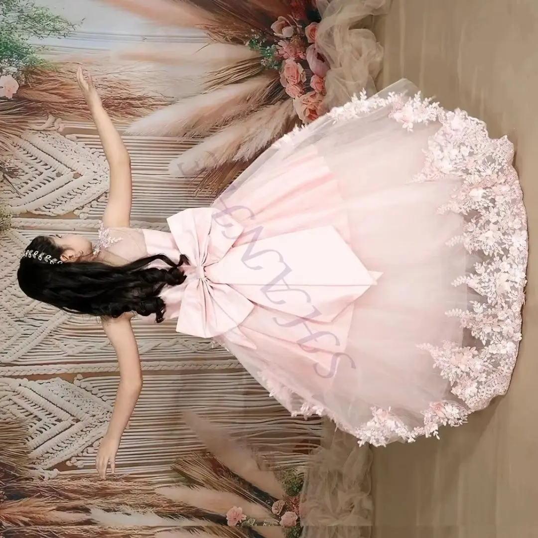 

Customized Peach Pink Flower Girl Dress For Wedding Floral Appliques With Bow Elegant Princess Birthday Party Formal Events Gown