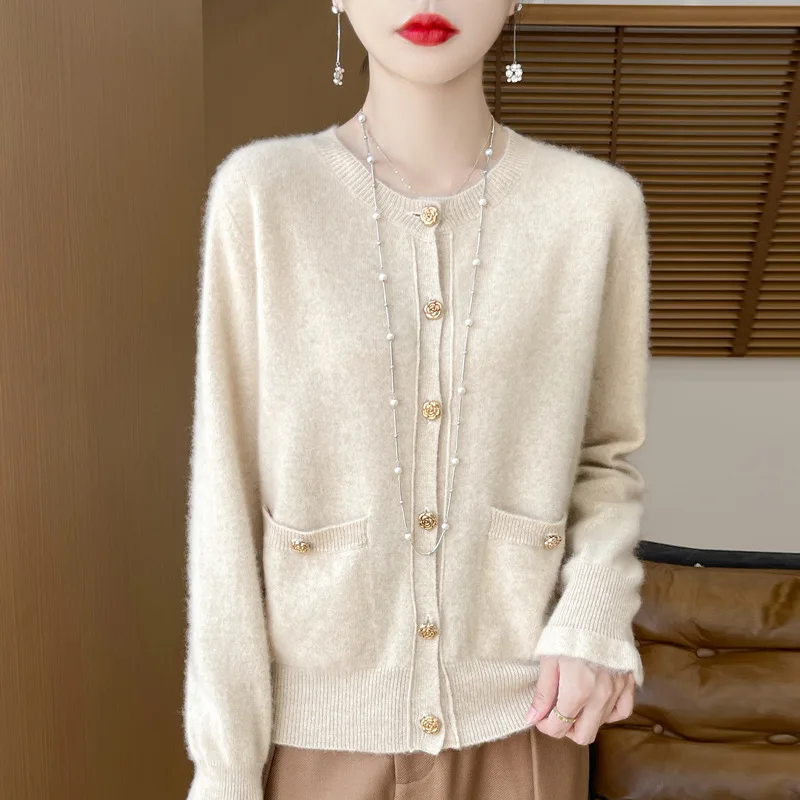 2024 Spring and Autumn New Wool with Pocket Rose Cardigan Low round Neck Elegant Women's Coat