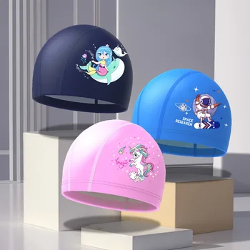Gorro de natación para niños, gorro de natación recubierto con estampado de dibujos animados, Protector de oídos impermeable, gorro de natación de PU para niños y niñas