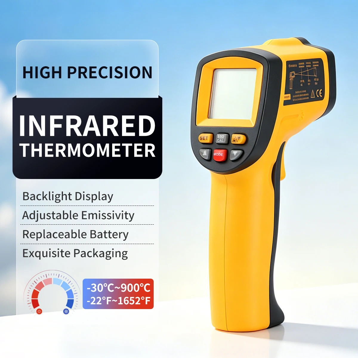 GM900 Non-Contact Infrared Thermometer Gun -50~900℃ Adjustable Emissivity 12:1 D:S Industrial Temperature Meter