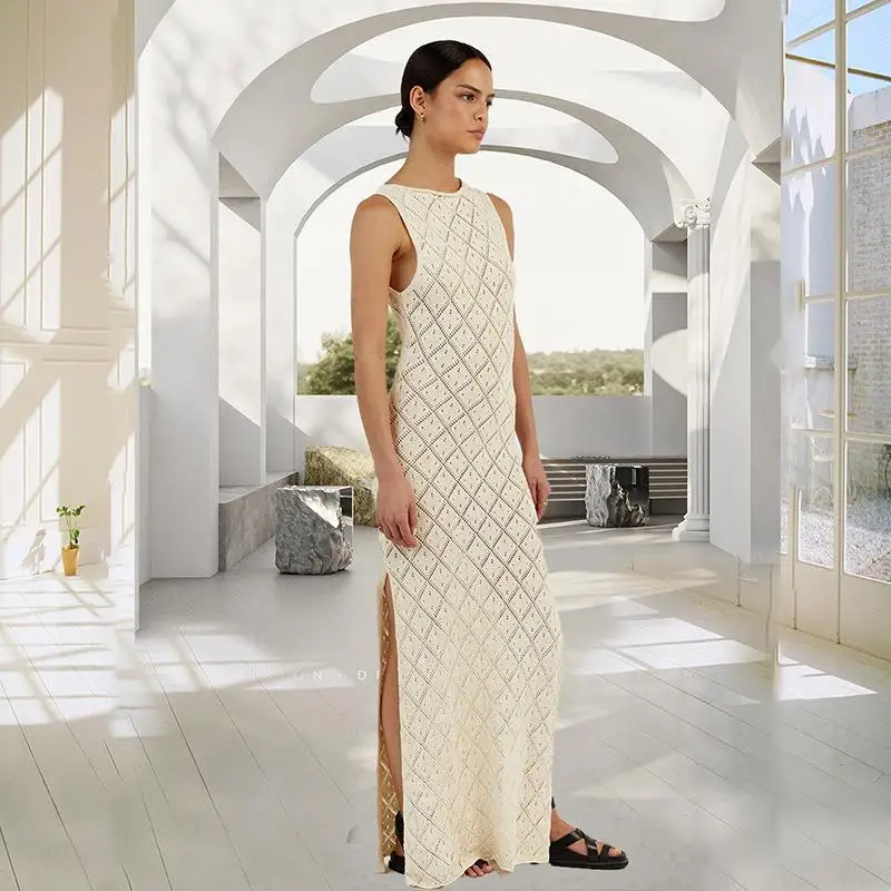 

Women's Sexy High-Waist Crochet Hollow Knitted Dr Long Skirt Polyester Fiber No-Sve Basic Sle Summer Faion Dr