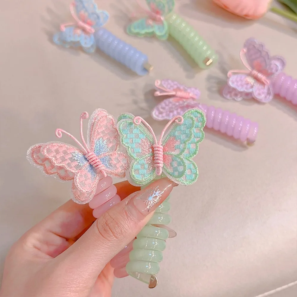 

2PCS Cute Elastic Telephone Wire Line DIY Phone Cord Ponytail Holder Butterfly Straight Hair Tie Double Ponytails