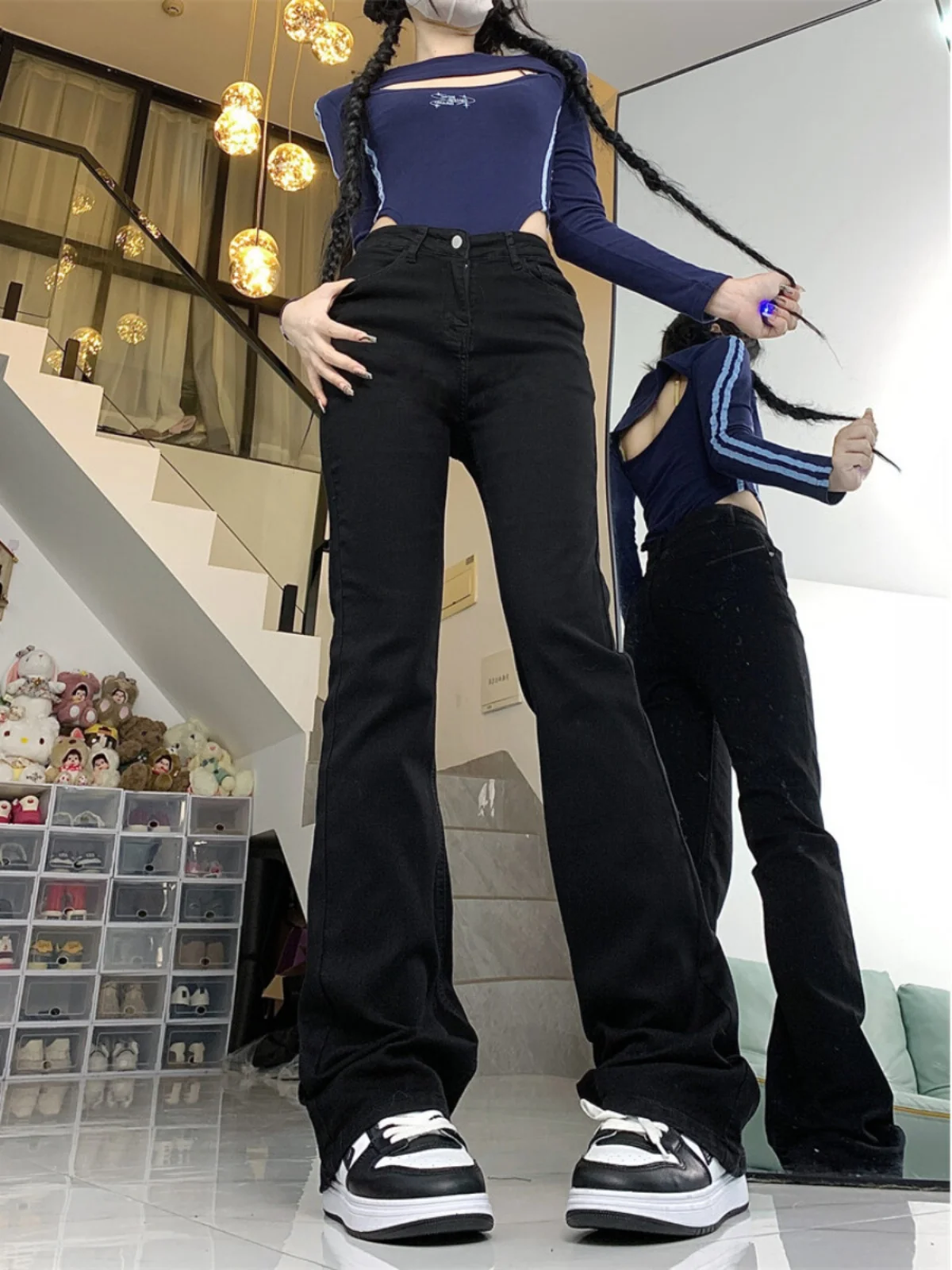 

Женские джинсы с высокой талией и эластичной резинкой для похудения, расклешенные джинсы больших размеров, широкие длинные брюки, осенние новые хлопковые эластичные брюки