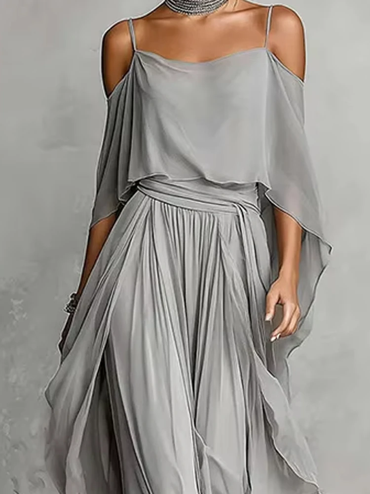 

Elegant Off Shoulder Sling Tops & Long Pant Set Women Casual Hollow Sleeve Solid 2Pc Suits Fashion Draped Asymmetrical Outfits
