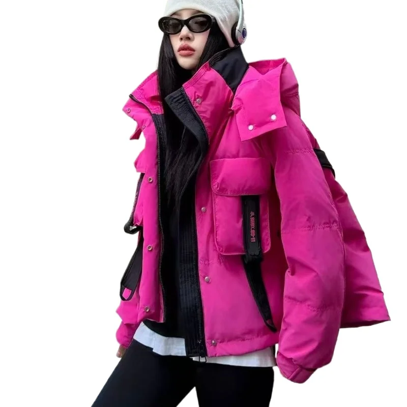 New Trendy Brand Color Matching Fashionable Versatile Hooded Thin Down Jacket Women's Loose Thin Coat  High Appearance Level
