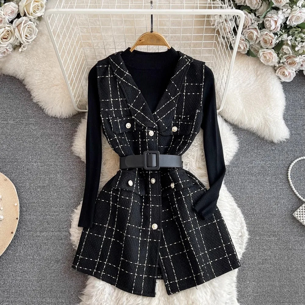 New Fashion Vintage 2 Piece Set Women Winter AUtumn Plaid Tweed Vest Jacket Pearl Button Belt V Neck Waistcoat Knitting Sweater