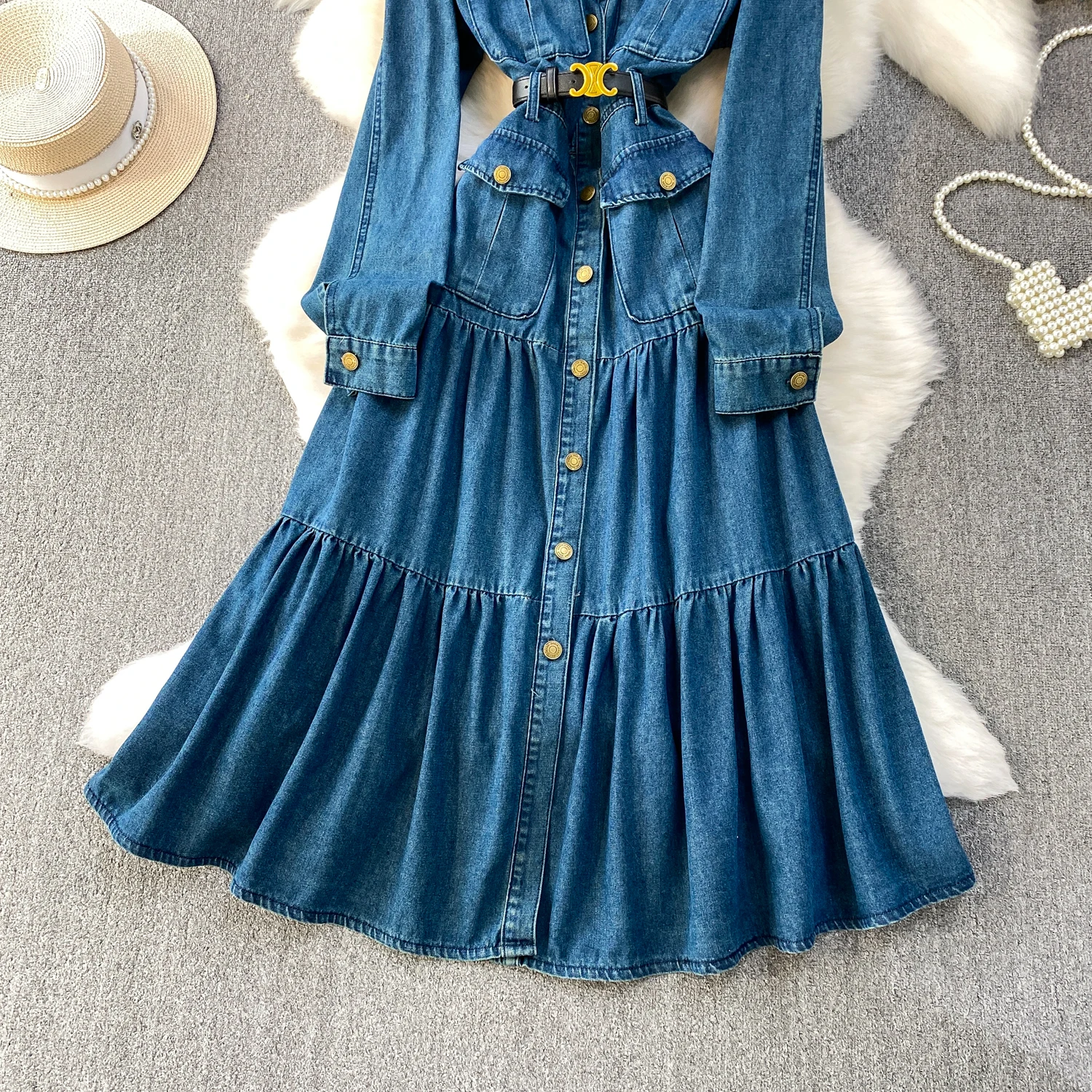 ชุดเดรสวินเทจสุดชิค ปกพับระบาย ดีไซน์หรูหรา สไตล์แฟชั่นเกาหลี ชุดเดรสลำลองสำหรับฤดูใบไม้ร่วง เสื้อผ้าผู้หญิง