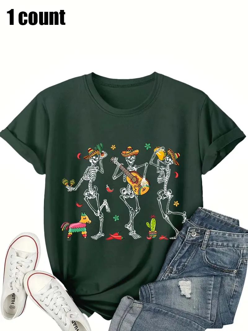 プラスサイズのレディース T シャツ、メキシコ スケルトン バンド プリント フォーク アート カジュアル ストリートウェア トップ