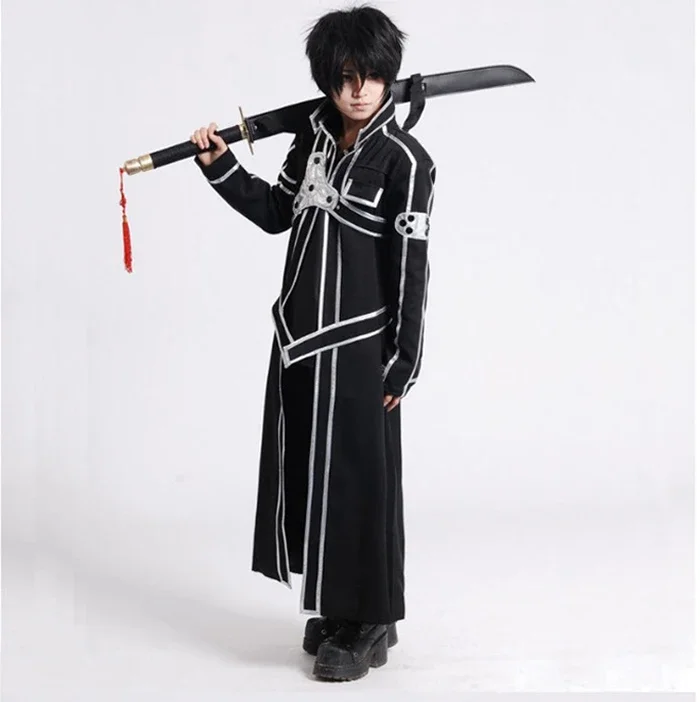 Sword Art Online Cosplay Costume Kirigaya Kazuto Robe Anime SAO Kirito Long Overcoat Trench ( Cloak + Belt + Shoulder Straps )