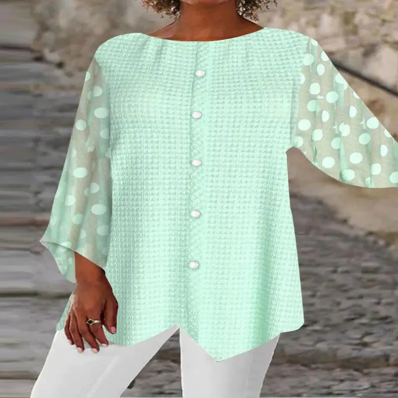 

Plus Size Women Asymmetrical 3/4 Sleeve Scoop Neck Polka Dot Top