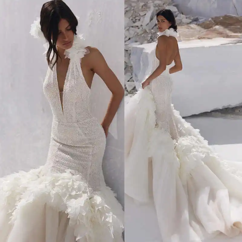 High Quality Mermaid Wedding Dresses Applique Halter Sleeveless Court Train Bride Wedding Gowns Vestido De Noiva Customized