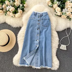 Foamlina Long Denim Skirt for Women Korean Fashion Vintage Tassels High Waist Single Breasted A-line Jeans Skirt with Pockets