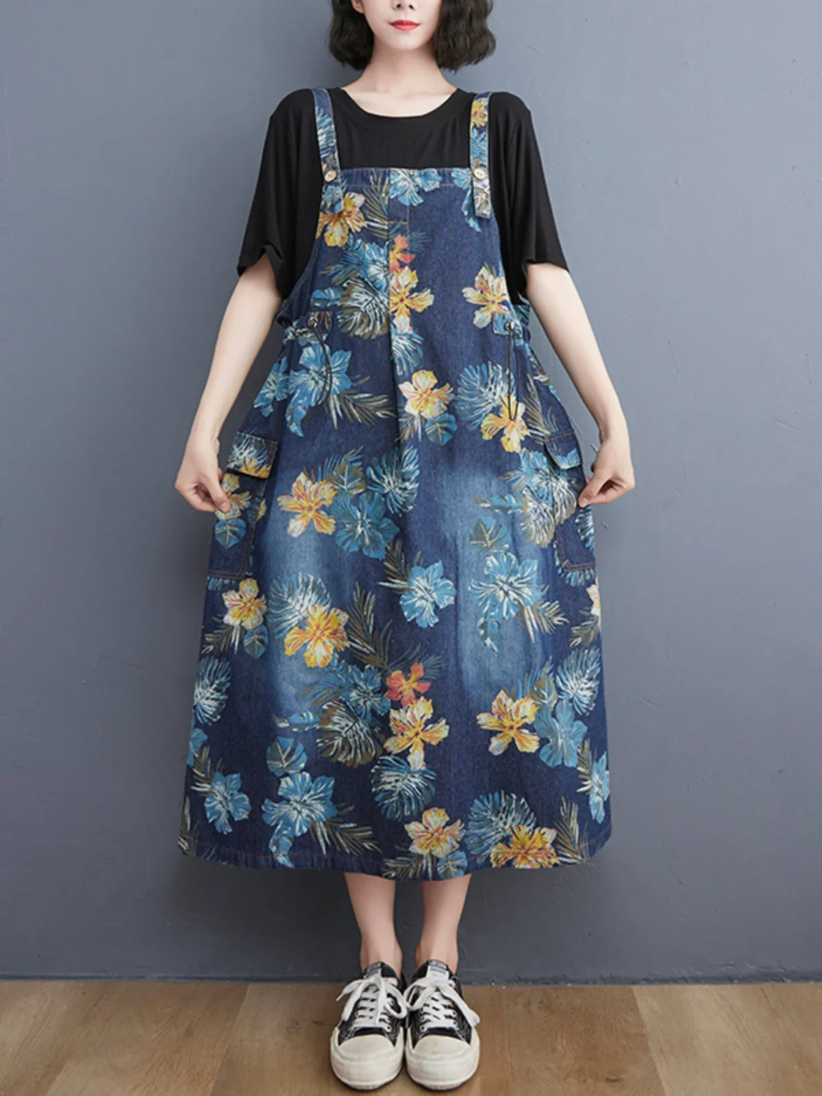 Faionable Youthful Floral Print Denim Overalls Dr Women Summer plus Size Conceal Meat Strap Midi Dr Svel Dr