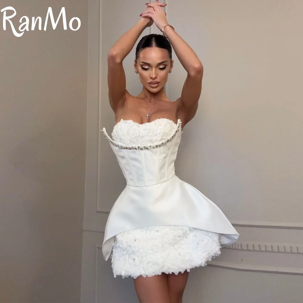 

Ranmo Rose Lace Short Dress White Crystals Wedding Second Dress Strapless Corset Mini Birthday Dress Short Prom Gown Customized