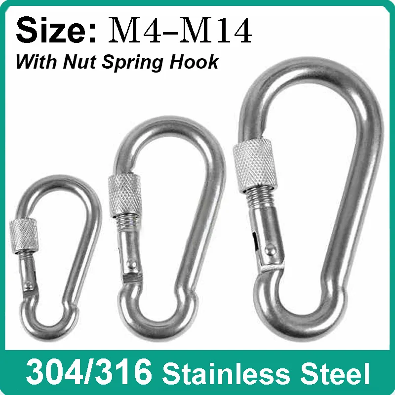 304/316 Stainless Steel Carabiner M4 M5 M6 M8 M10 M11 M12 M13 M14 Multifunctional Spring Snap Hook Keychain Lock Hook