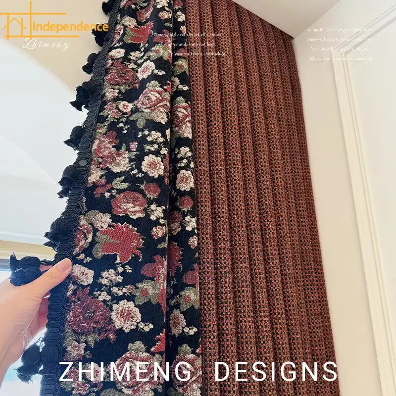 French Retro Black Background Rose Jacquard Chenille Curtains for Bedroom Living Room Bay Windows Customized Partition Curtains