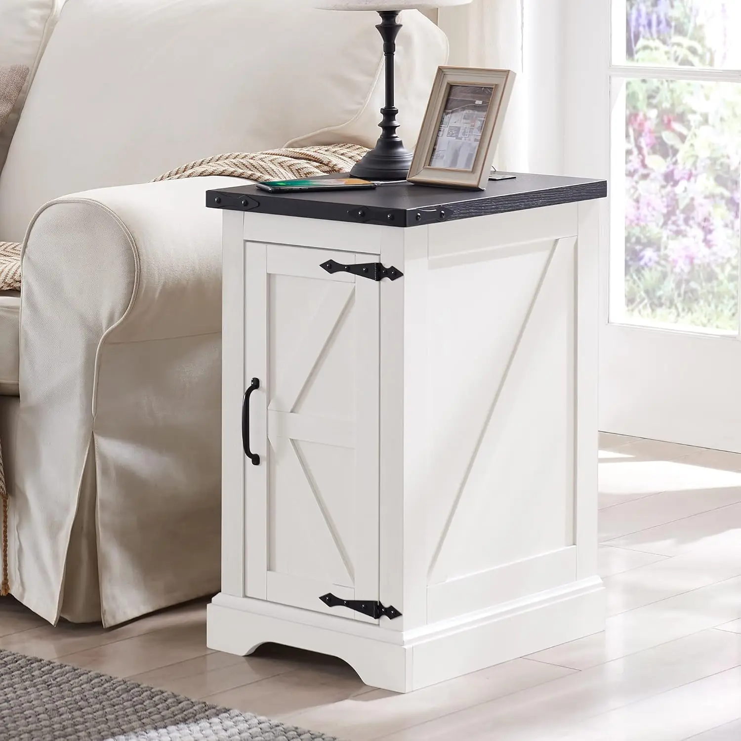 

Nightstand with Charging Station, Rectangular Farmhouse End Table with Barn Door and Adjustable Storage Shelf, 17" De