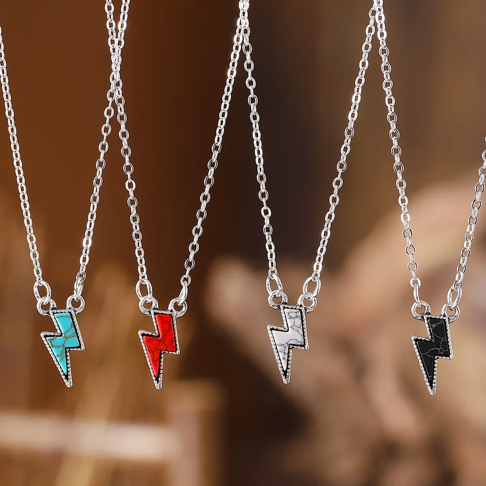 

DIY accessories European and American cross-border new retro bohemian wind lightning inlaid turquoise pendant necklace niche sim