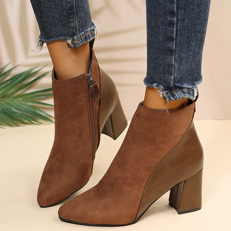 2025 Autumn/Winter Women Ankle Boots Pointed Fashion Short Boots Suede Panel Side Zipper Thick Heels Women's Shoes Large 44
