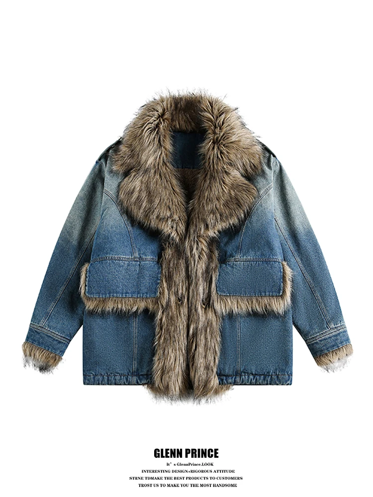 

Warm Cotton Jaet Outerwear American Sle Waed Denim Mid-Length with Fur Collar Patchwork Design Youth Casual Winter Coat