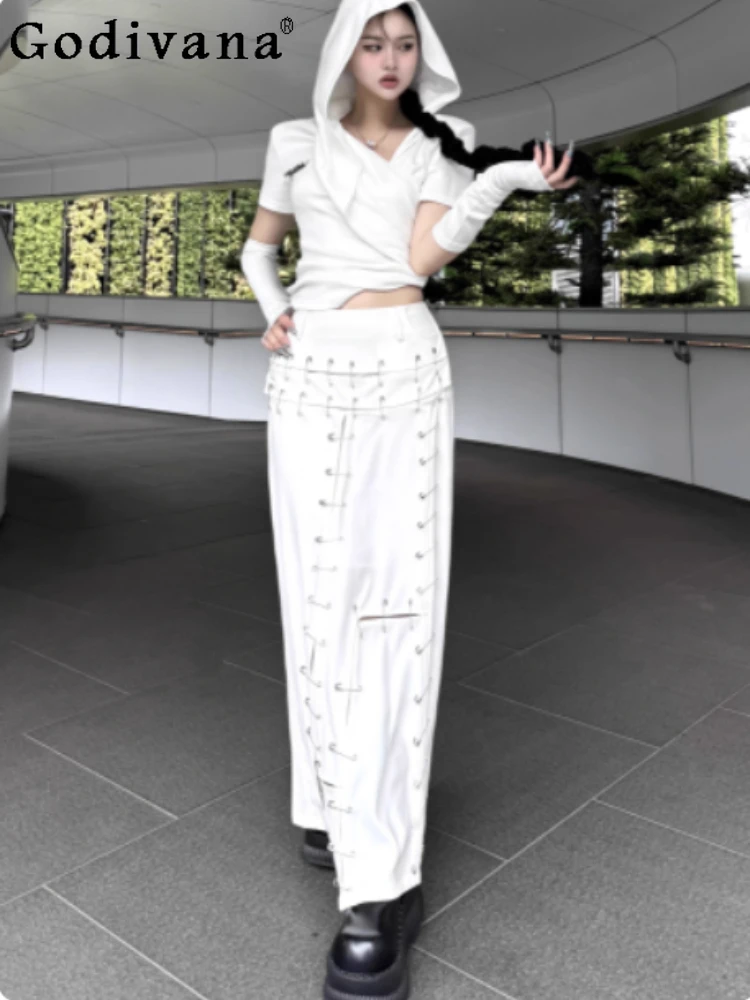 

3XL Spring Summer White European American Sexy Splicing Split Skirt Girls Fashion High Waist A-line Versatile Street Long Skirts