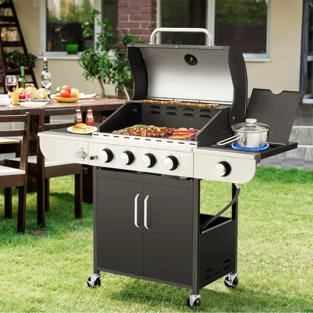 MELLCOM 4 Burner BBQ Propane Gas Grill, 42,000 BTU Stainless Steel Patio Garden Barbecue Grill with Stove and Side Table