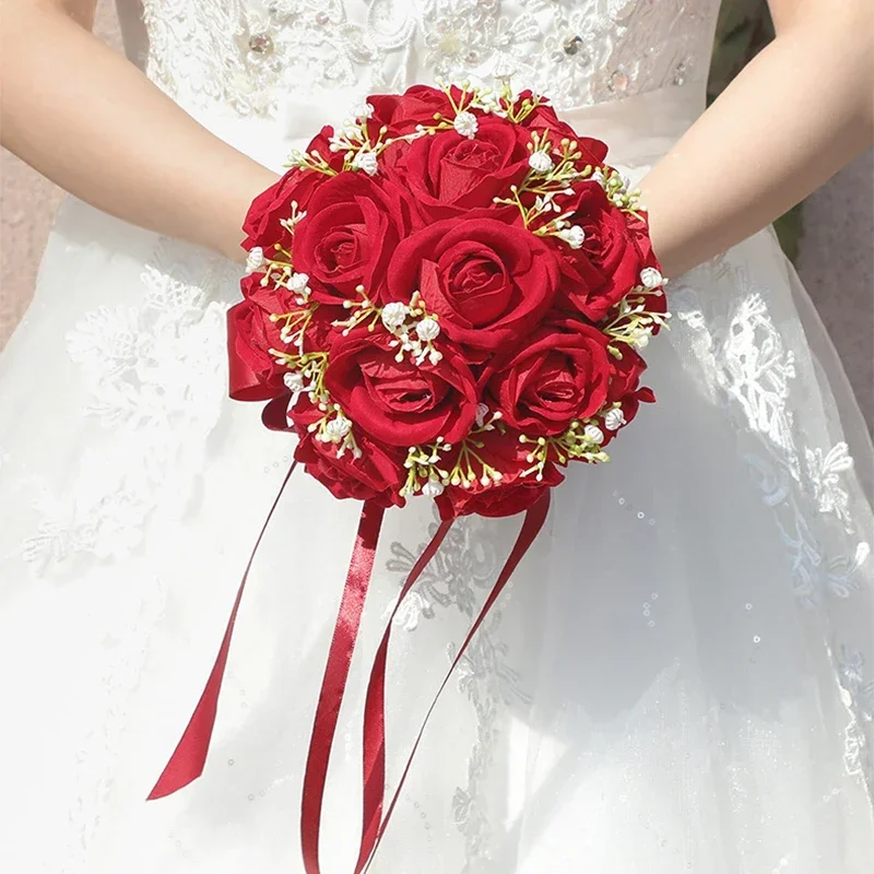 1PC Brides and Bridesmaids Holding Flowers Red Roses Bows Ribbons Green Leaf Bouquets Outdoor Wedding Confession Props