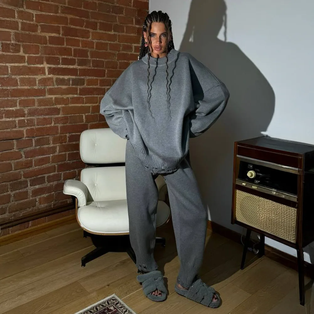 Zwei Stück Hose Sets Frauen Warme Pullover O Neck Löcher Lose Solide Strick Lange Hosen Casual Anzug Dame Sportliche Herbst Winter 2025