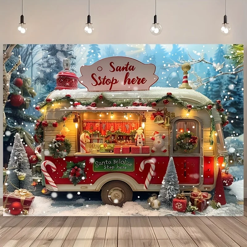 Merry Christmas Backdrop Cloth - Festive Red & Winter Warm Tones with Candy Canes, Gingerbread Truck Tree Designs,