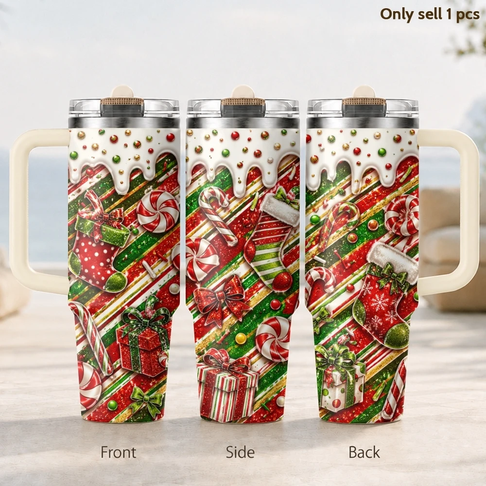 Christmas Candy Cane Vacuum Flasks 40oz Thermal Tumbler with Handle Stainless Steel Vacuum Insulated Water Portable Mug Cup
