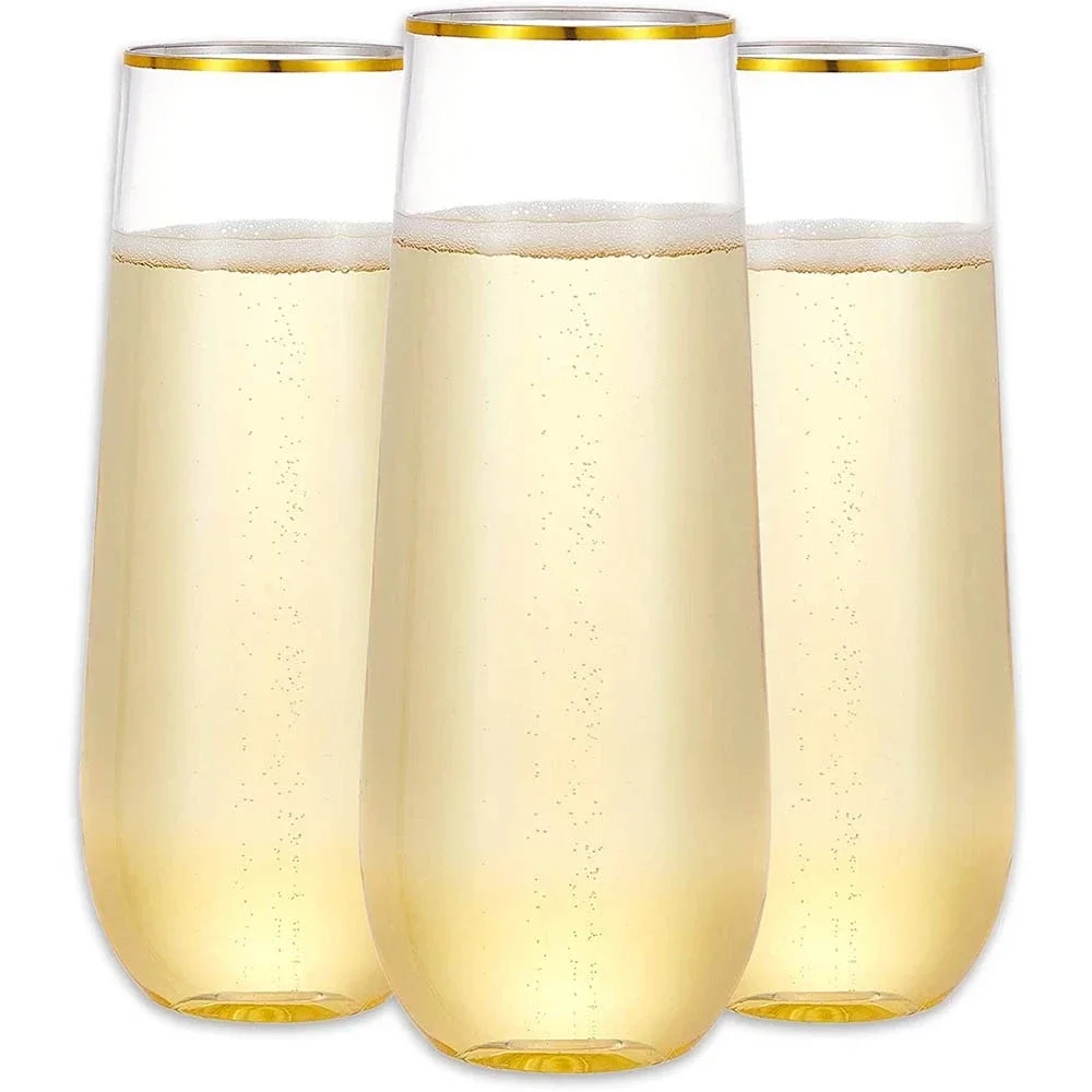 10 Plastic Champagne Glasses 9 Oz Disposable Gold Frame Transparent Cocktail Glasses Used for Parties Weddings and Birthdays