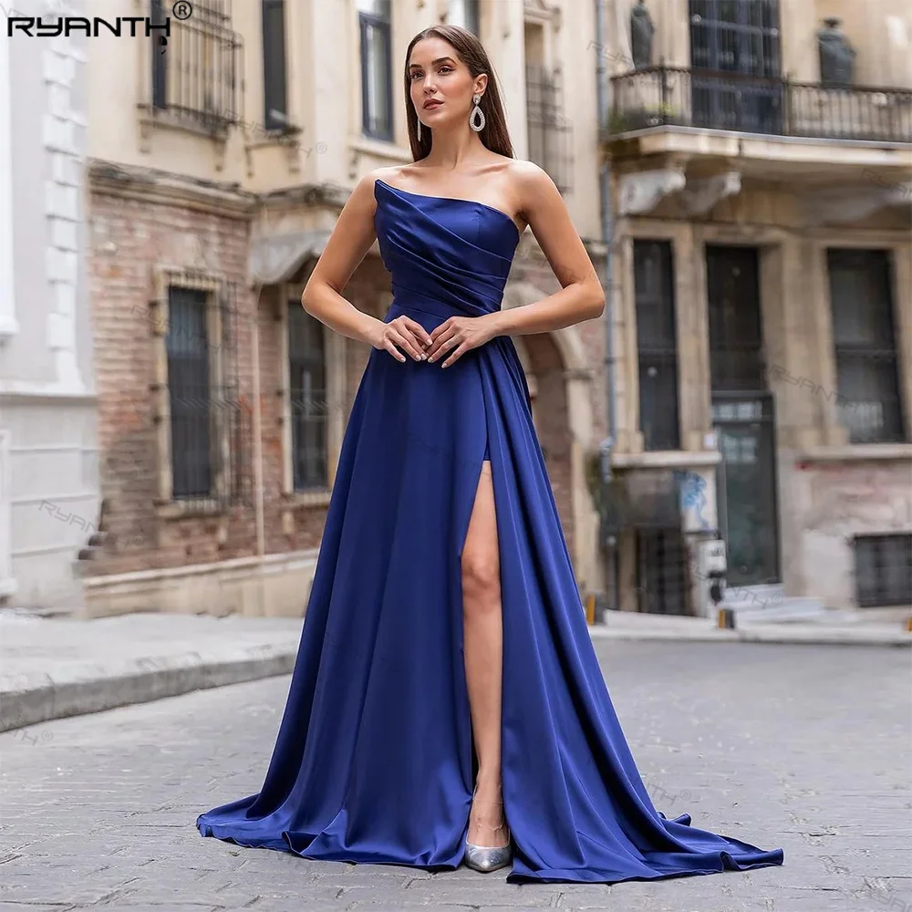 

A Line Satin Women Prom Dresses Royal Blue Sweep Train Pleat Slit Side Special Occasion Party Formal Evening Dress Women Outfits