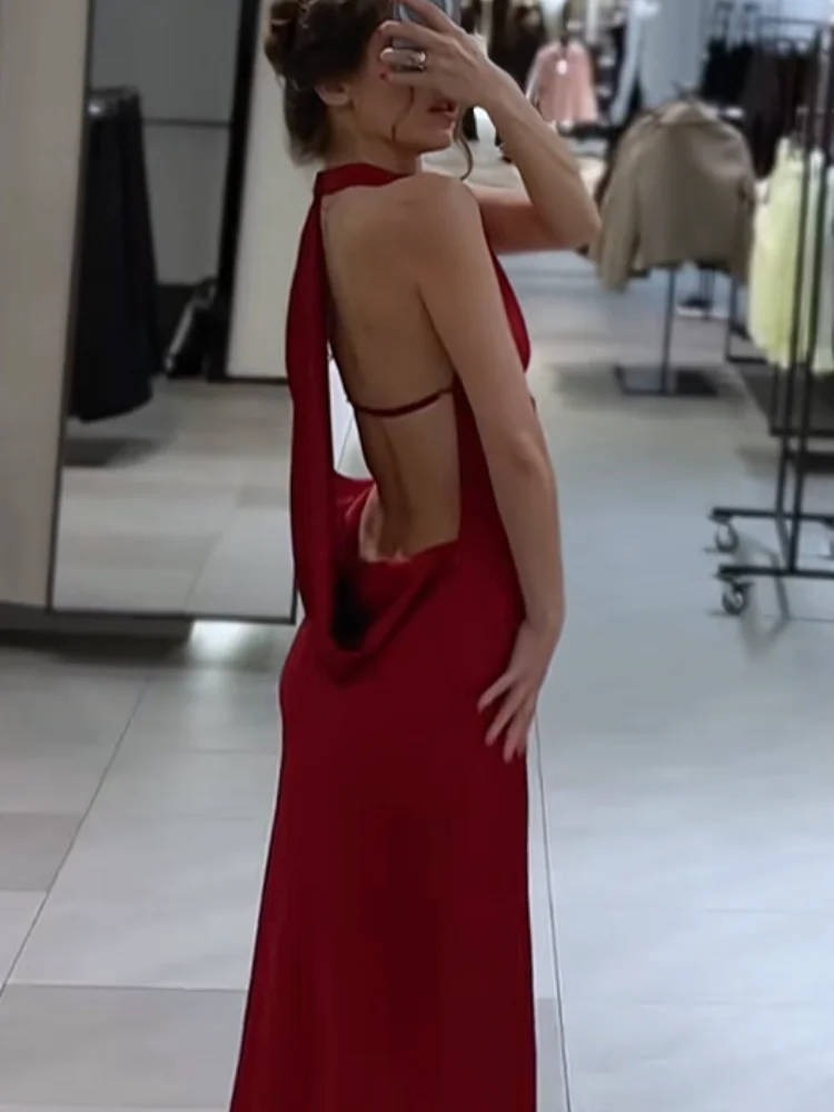 섹시한 단색 새틴 백리스 드레스 여성용 홀터넥 민소매 허리 조임 롱 드레스 여성 이브닝 파티 가운 2025 신상