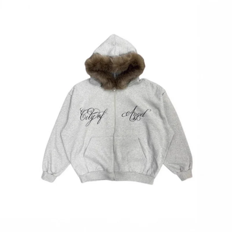 Sudadera con capucha estilo retro de estilo europeo y americano con cuello de piel para hombres y mujeres diseño sentido cremallera