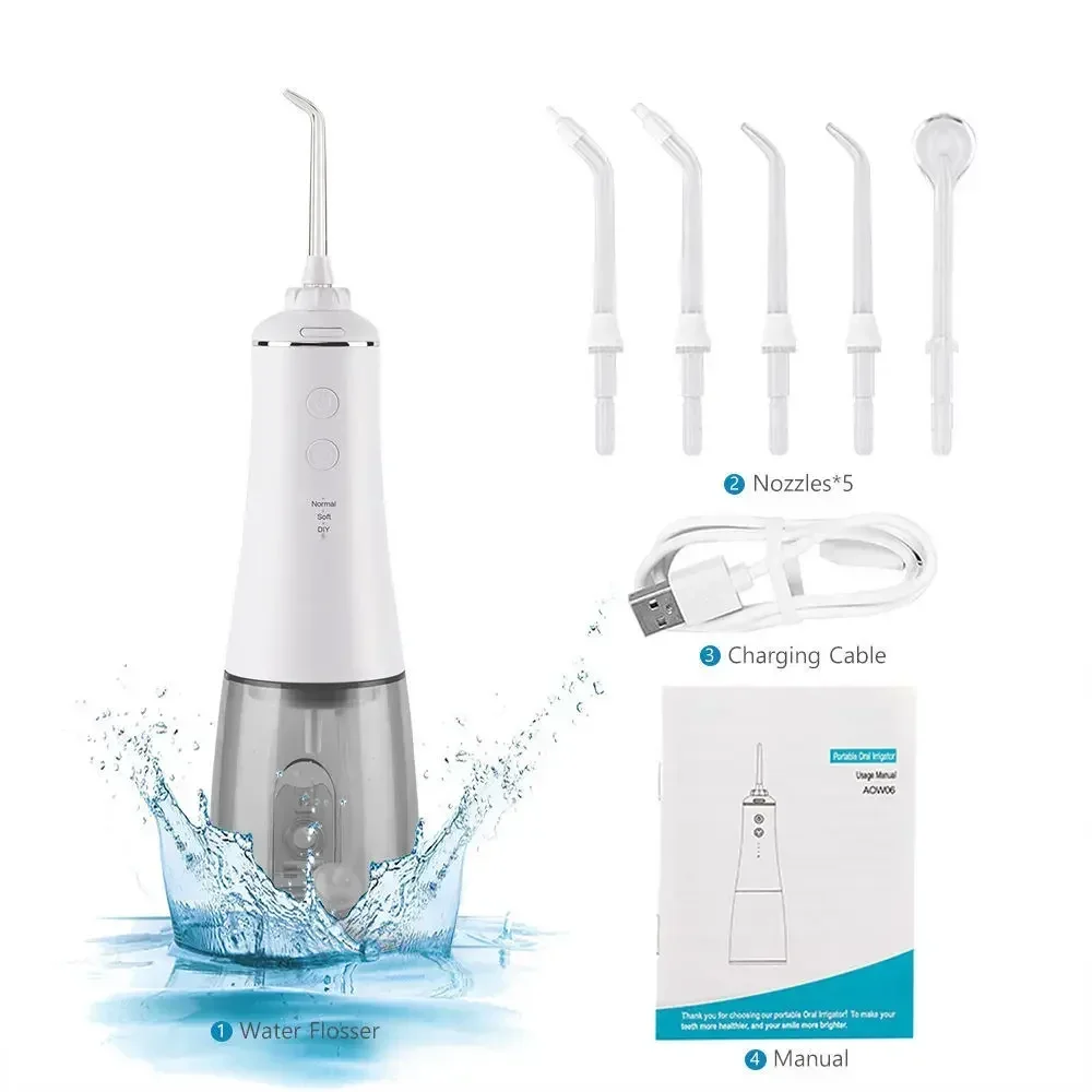 MUBE-irrigador bucal inalámbrico, hilo Dental de agua para la salud Dental y Oral, 3 modos, 5 puntas, resistente al agua IPX7, tanque de agua de 350ml AOW06