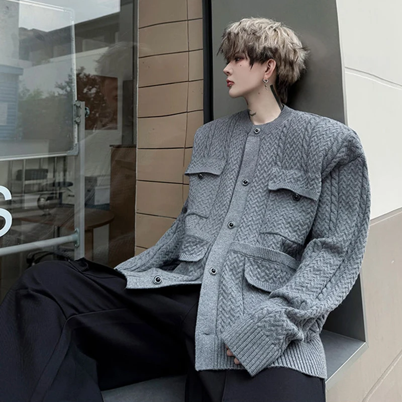 LUZHEN 2025 Autumn New Original Multi Pockets Decorate Round Neck Knitted Cardigan Coat Men's Fashion Solid Color Sweater JY4449