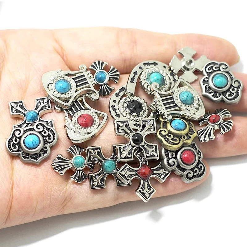 5 Set Silver Western Round Button Four Colors Turquoise Conchos Leathercraft Belt Bag Hatband Wallet Decor DIY Craft Accessories