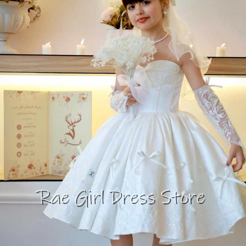 Elegant Flower Girl Dress For Wedding Birthday First Communion Puffy Satin Lace Bow Sleeves Kids Pageant Formal Gowns Customized